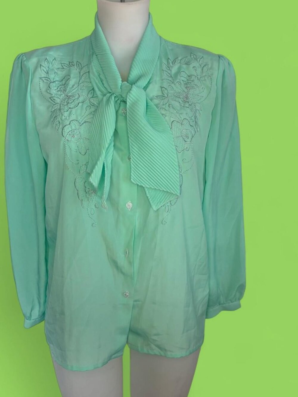 Vintage Peony mint green blouse with necktie